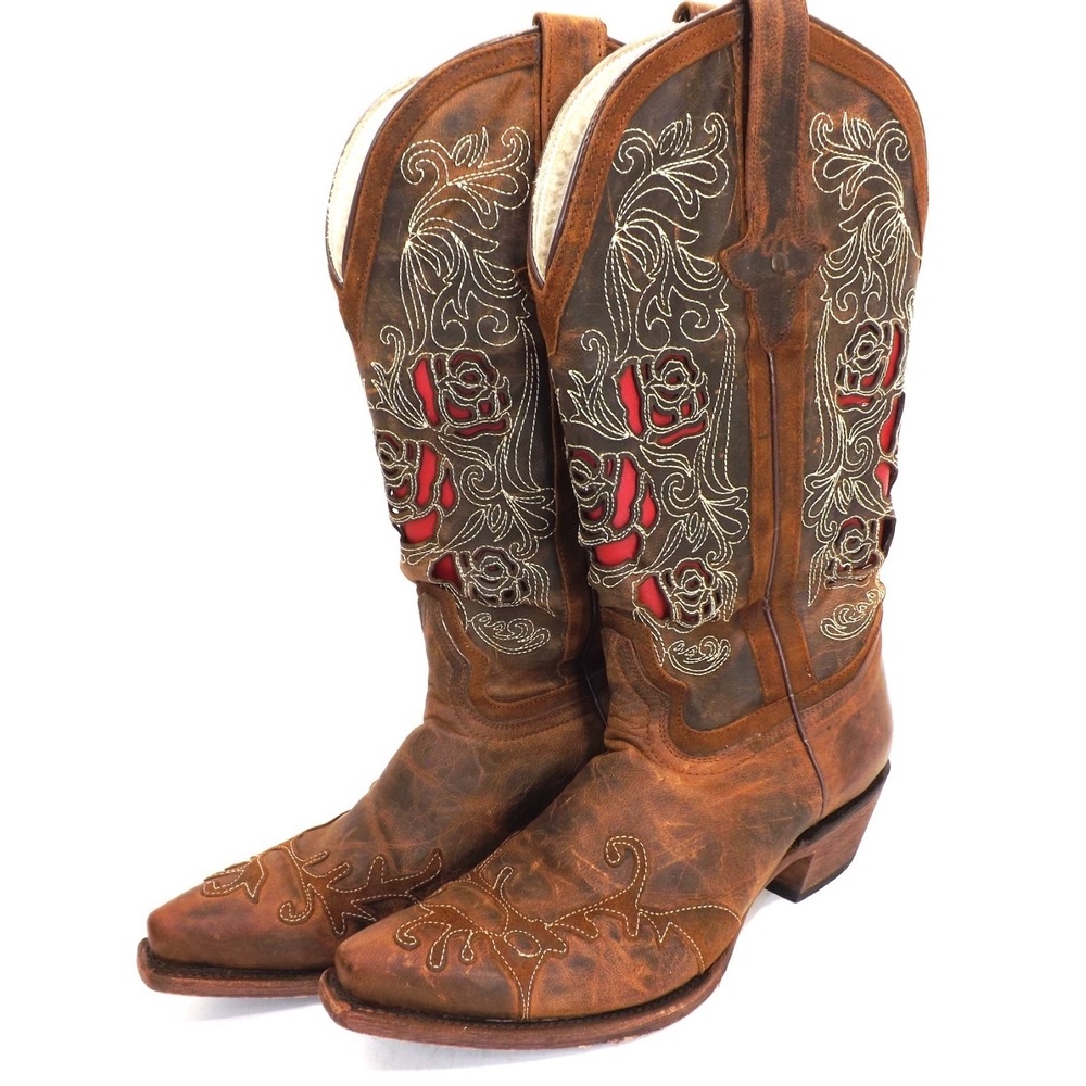 Dusty Rocker 1098 Leather Boots - Red Rose Design & Changeable Inlays - Size 10